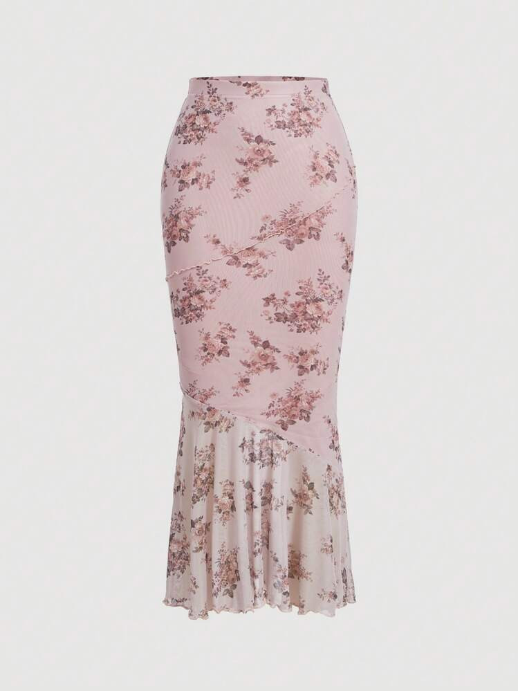 SHEIN MOD Floral Print Mermaid Hem Mesh Skirt | SHEIN
