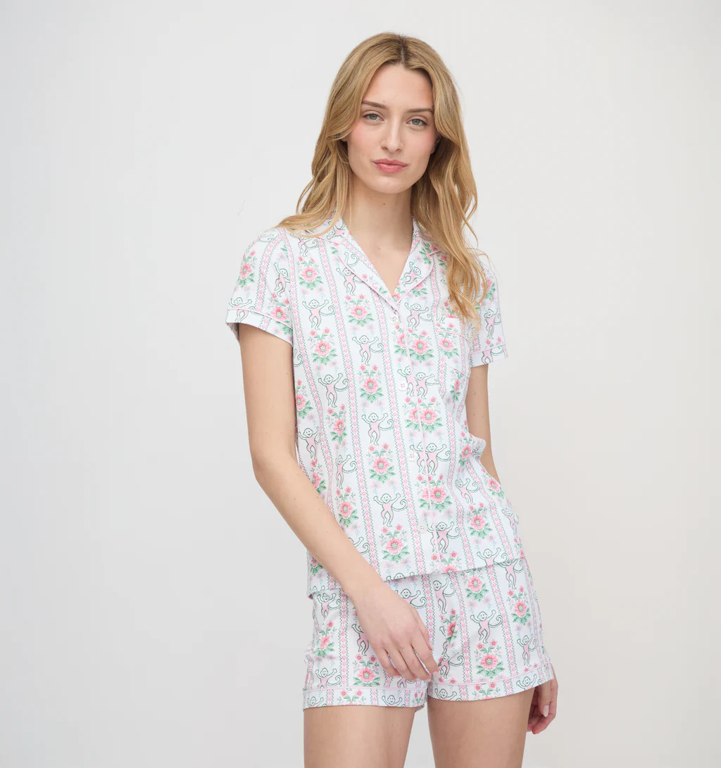 Roller Rabbit x Hill House Polo Pajamas - Pink Monkey Block Stripe | Hill House Home US