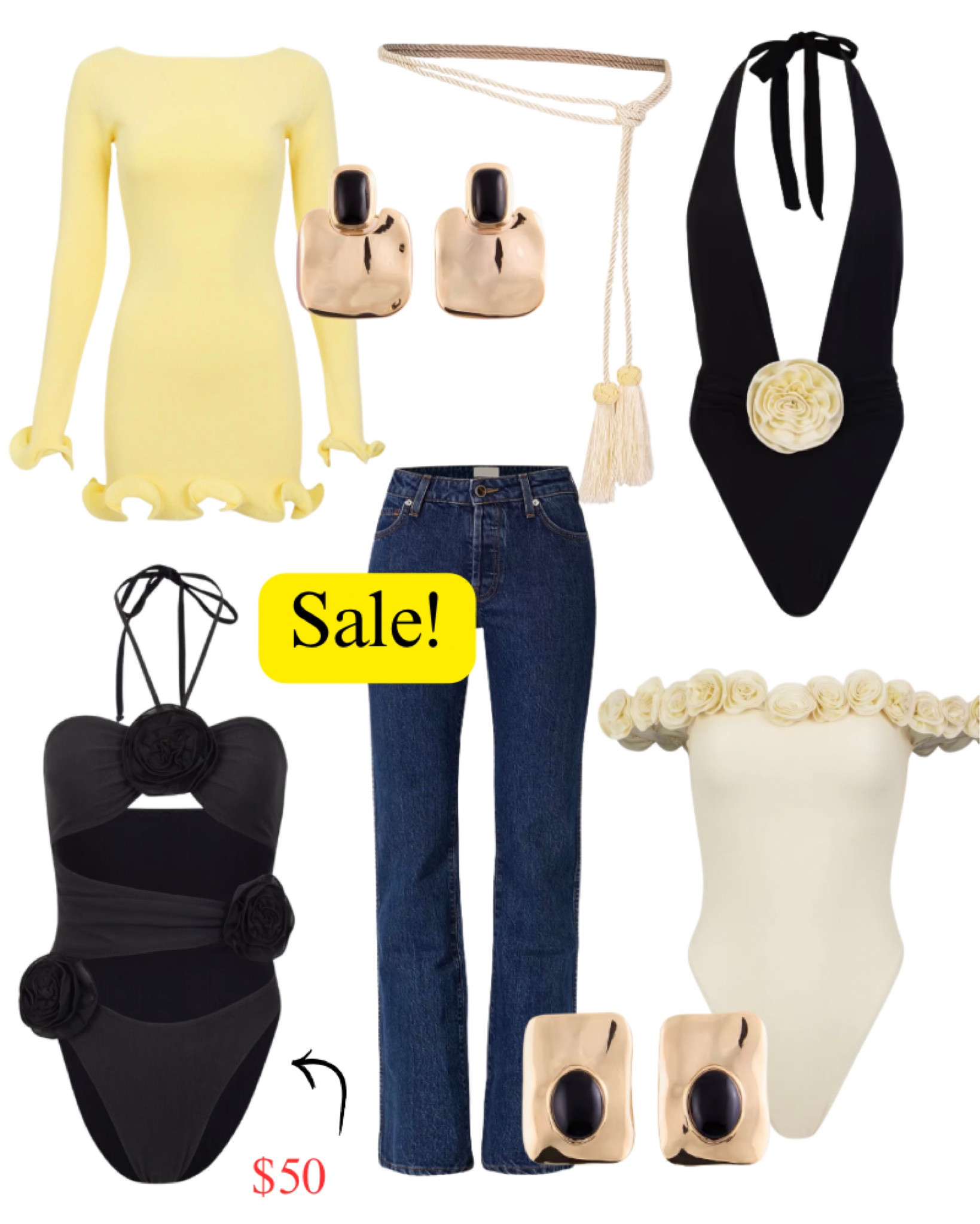 Sale, starting $50, jeans, one piece, cut out, swim swimsuit, beach, pool, black, white, yellow, gold, earrings, spring, summer.

#LTKSaleAlert #LTKSwim