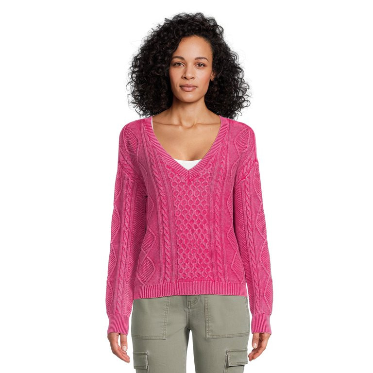 No Boundaries Juniors Washed Cable Knit V-Neck Top | Walmart (US)