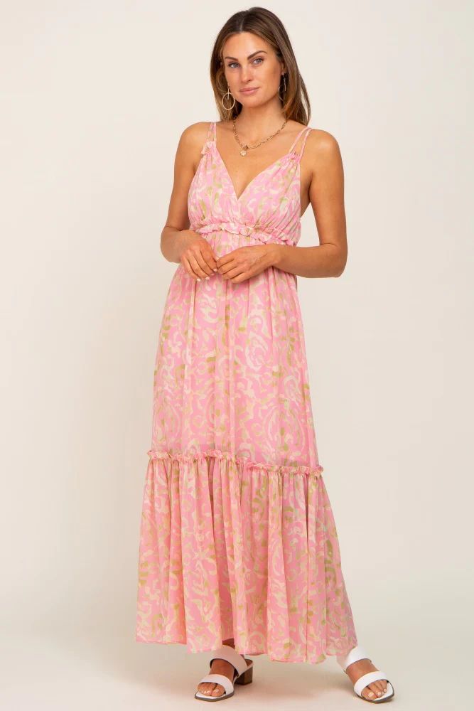 Pink Chiffon V-Neck Ruffle Tiered Maxi Dress | PinkBlush Maternity