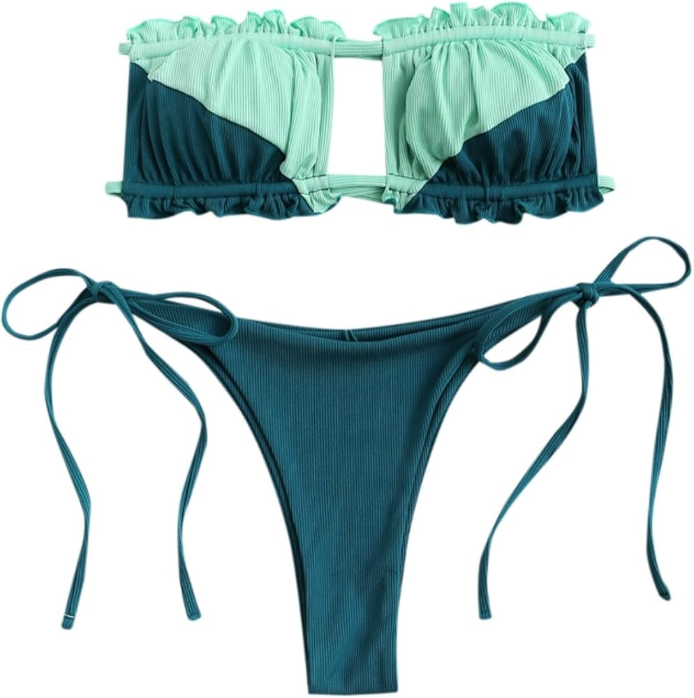 ZAFUL Women 2 Piece Strapless Bikini Swimsuits Ruffle Ribbed Self Tie Bandeau Bikini Set High Cut... | Amazon (US)