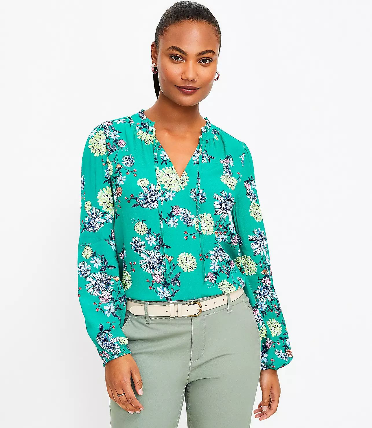 Petite Bouquet Ruffle Tie Neck Blouse | LOFT