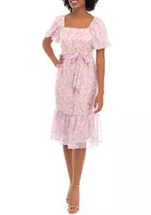 Women's Short Puff Sleeve Floral Print Clip Dot Midi Dress | Belk