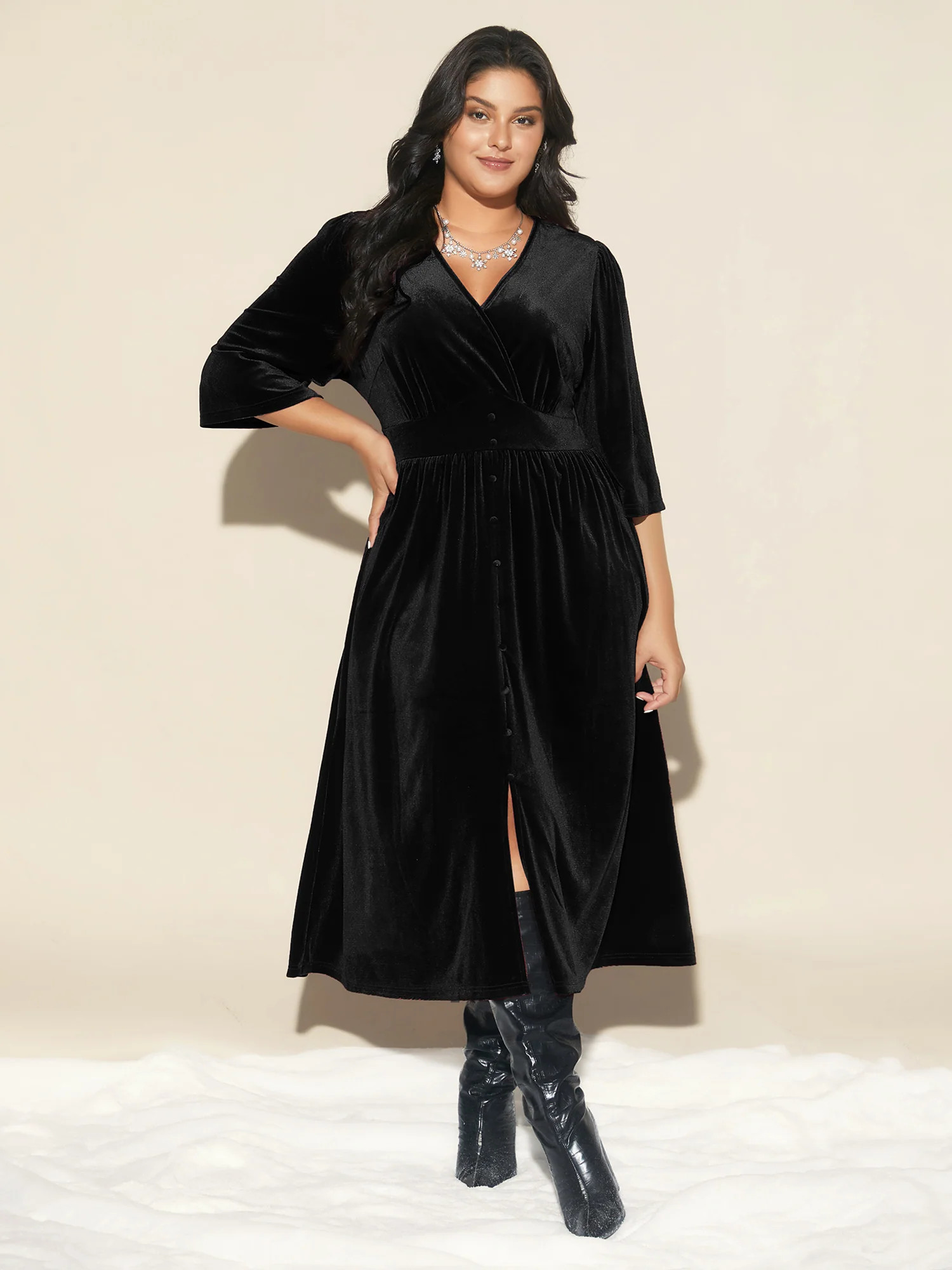 Velvet Ruched Surplice Neckline Midi Dress | Bloomchic