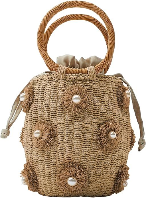 Summer Straw Bag for Women Pearl Flower Bucket Tote Bag Diamond Handbag Hand Woven Rattan Shell P... | Amazon (US)