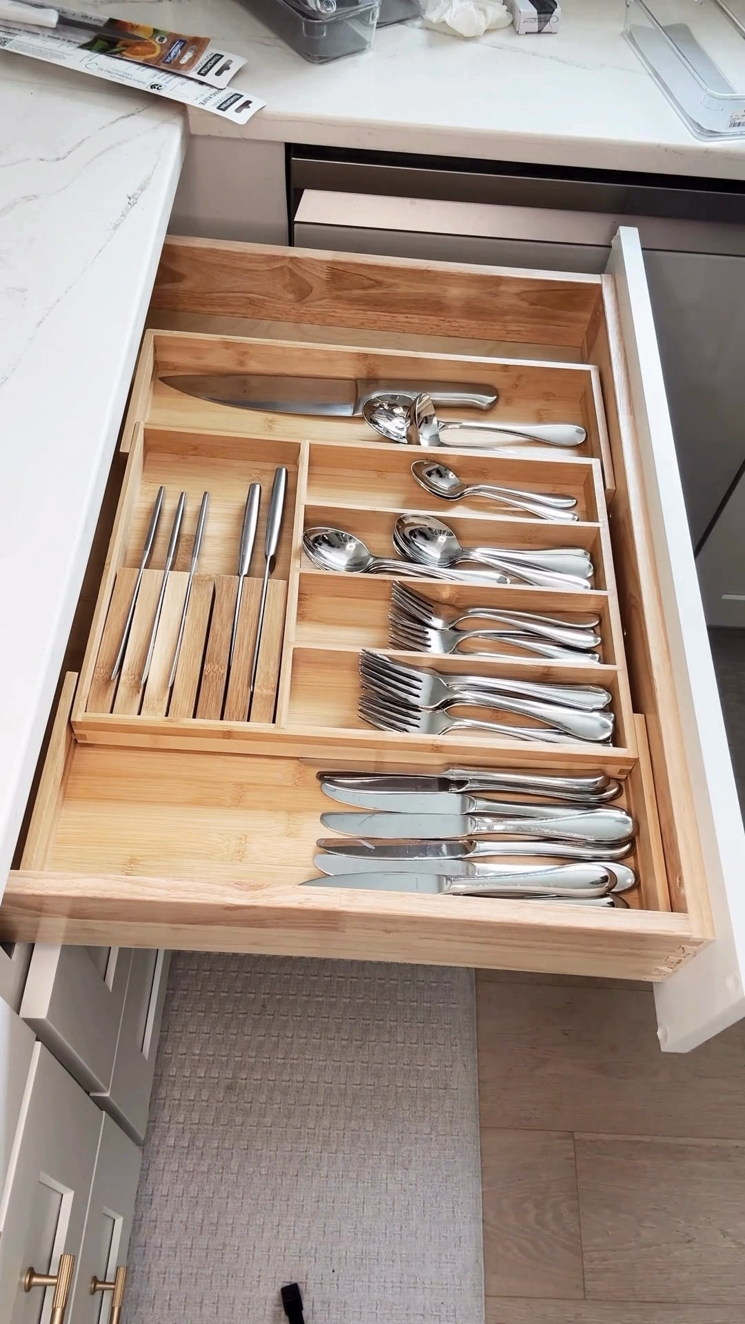 The holidays are around the corner and today I’m talking silverware drawers.😊

In today’s before and after my client had just moved into her new home and put everything in drawers just to get things out of boxes. She needed my help to rework the space and get everything organized in the kitchen.🔪

First step was to purge and sort the utensils and silverware. Next I moved things around to make the space flow better and create more room for her silverware. I used my favorite expandable bamboo organizer from @amazonhome to organize her silverware into a larger drawer. 

We moved a few cooking utensils to a crock near the stove for easy access and put the others in a smaller drawer next to the utensil drawer with new bamboo drawer organizers.🍴

Small changes can make a big difference especially in small spaces. With the holidays coming now is the perfect time to tackle the silverware and utensil drawers. Let me know how it goes and I love seeing after pictures!📷

✨ I’m happy to share a couple of my go-to bamboo organizers with you if you want! Just let me know by commenting LINKS! 

#organizingtips #getorganized #professionalorganizer #kitchenorganization #amazonfinds 

#LTKHoliday #LTKFindsUnder50 #LTKHome