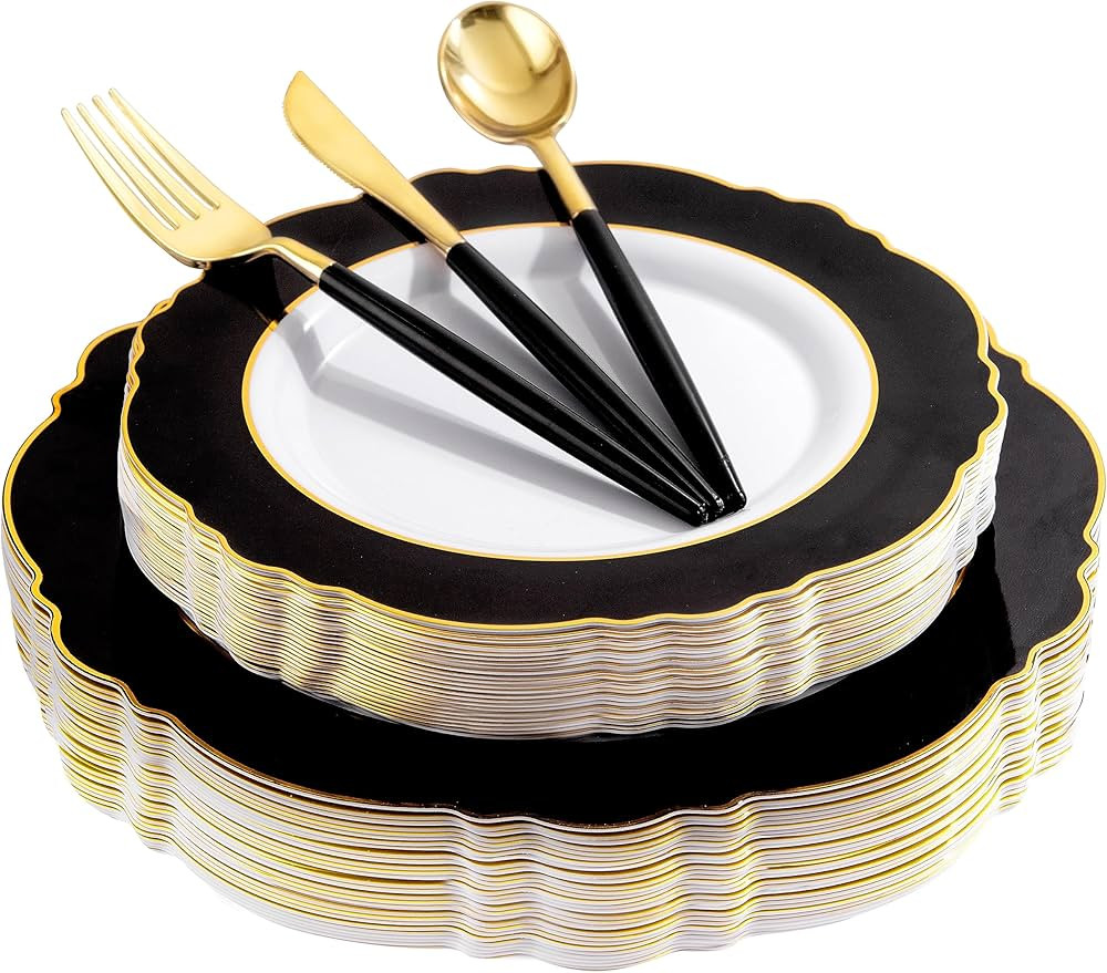 WDF 30Guest Black Plastic Plates - Gold Plastic Silverware With Black Handle Baroque Black and Go... | Amazon (US)