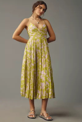 ASTR The Label Blythe V-Neck Plissé Midi Dress | Anthropologie (US)