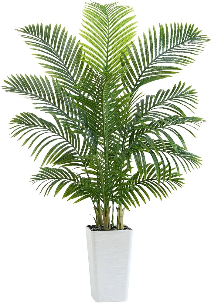 Artificial Palm Tree：5FT Tropical Fake Silk Plant UV Resistant Faux Areca Palm with White Plant... | Amazon (US)