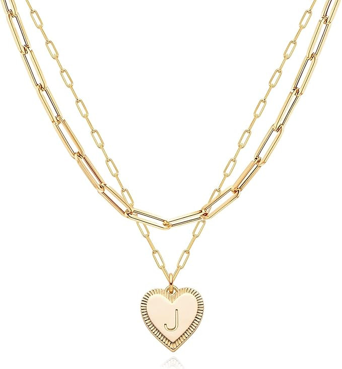 Gold Heart Necklace for Women Initial Pendant Necklace with Layered Chains Paperclip Gold Chain T... | Amazon (US)