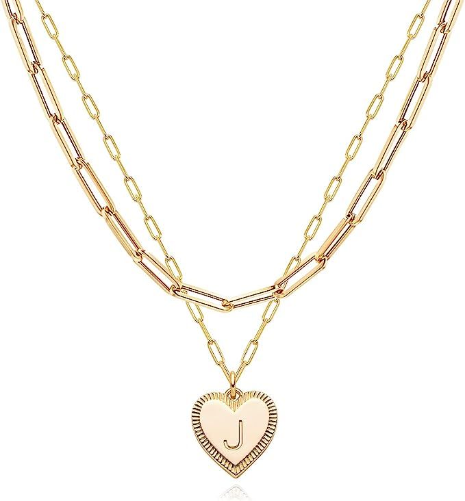 Gold Heart Necklace for Women Initial Pendant Necklace with Layered Chains Paperclip Gold Chain T... | Amazon (US)