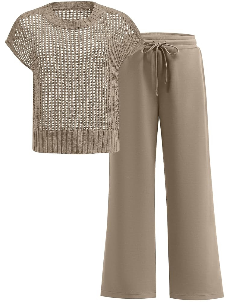 Women Two Piece Outfits Crochet Sheer Knit Sweater Top Wide Leg Pants Lounge Matching Sets Sweats... | Amazon (US)