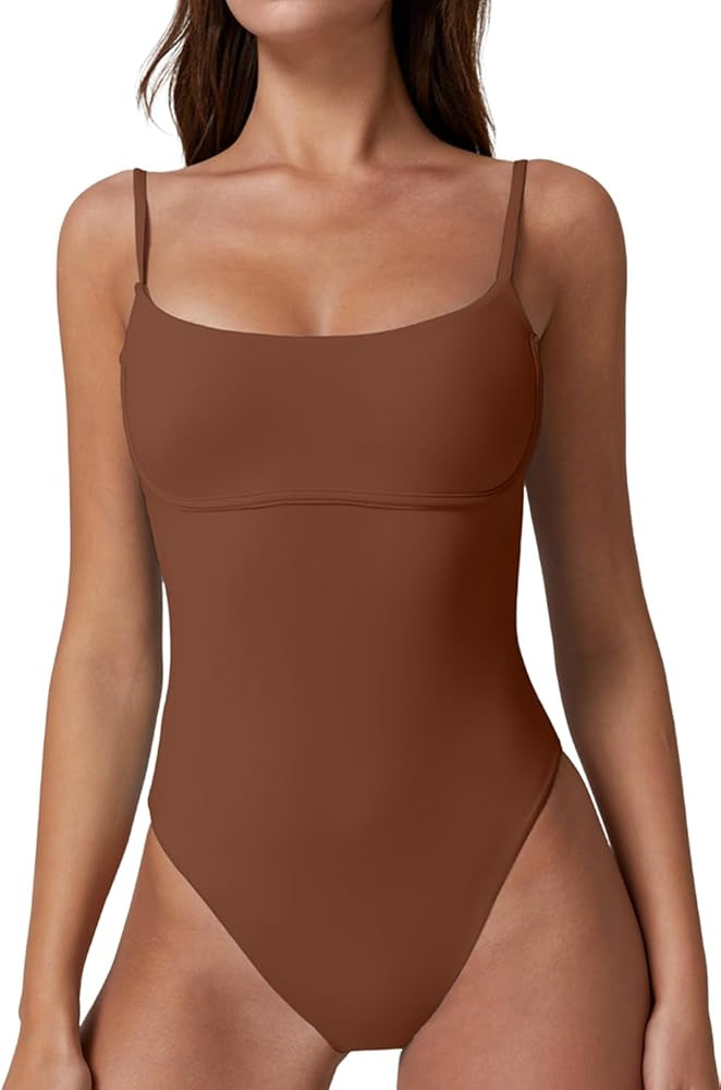 QINSEN Womens Seamed Cup Spaghetti Straps One Piece Bathing Suits Tummy Control Cheeky Swimsuit | Amazon (US)