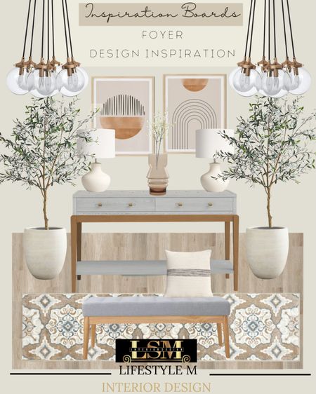 Bright and trendy foyer design inspiration. Recreate the look at home! Grey wood console table, wood grey bench, foyer funner, white tree planter, faux fake tree, table lamp, glass vase, faux fake plant, wall art, glass pendant light, throw pillow.

#LTKFind #LTKhome #LTKstyletip