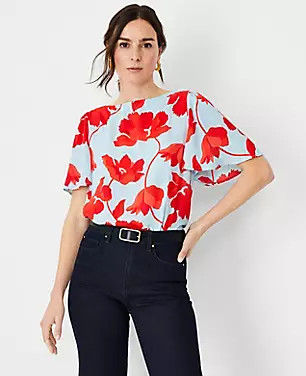 Floral Elbow Sleeve Mixed Media Top | Ann Taylor (US)