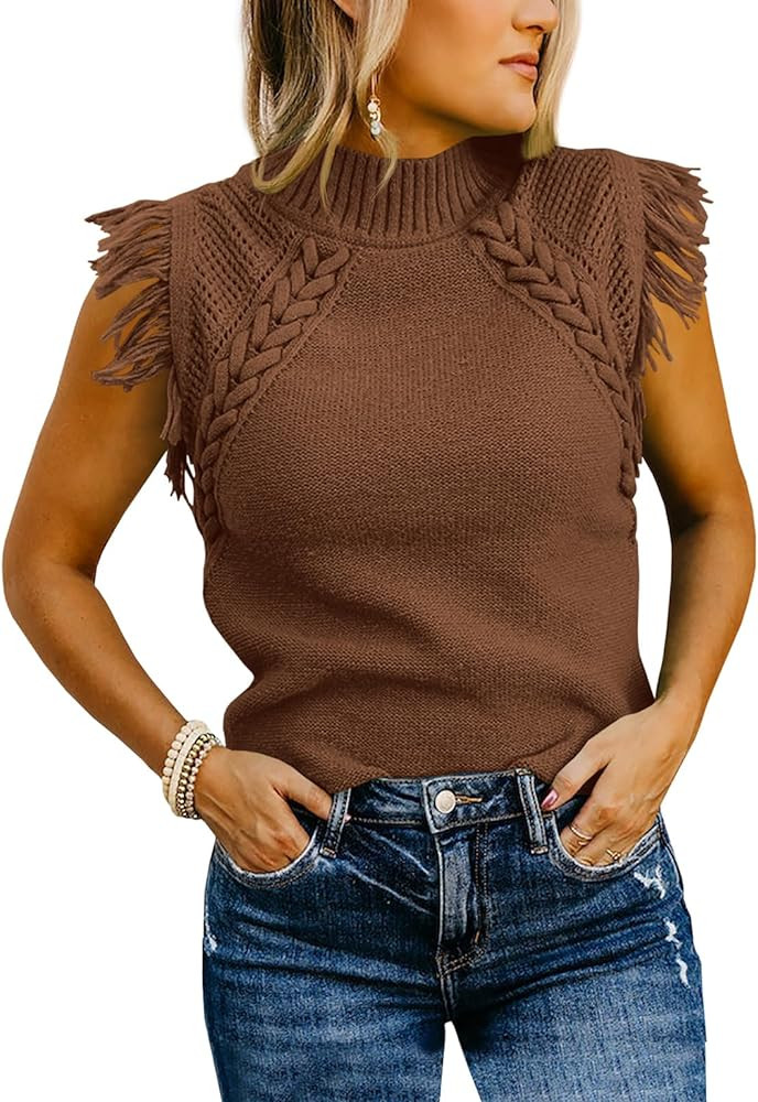 Saodimallsu Womens Sleeveless Sweater Vest Mock Neck Cable Knit Fringe Cap Sleeve Boho Trendy Pul... | Amazon (US)