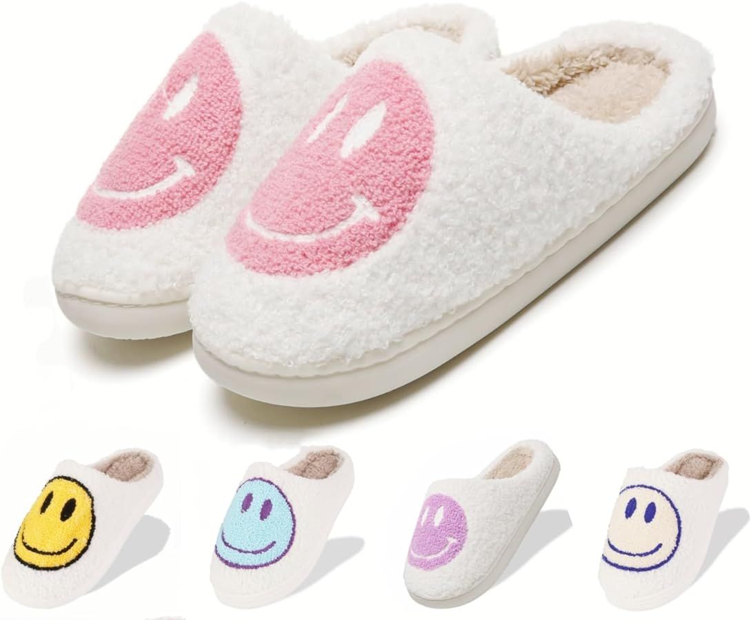 LINWIND Fuzzy Slippers for Women Men, Cute Retro Fluffy Happy Face House Slippers, Plush Memory F... | Amazon (US)