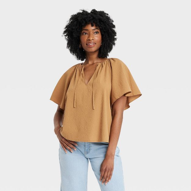 Women&#39;s Flounce Short Sleeve V-Neck Popover Top - A New Day&#8482; Brown M | Target