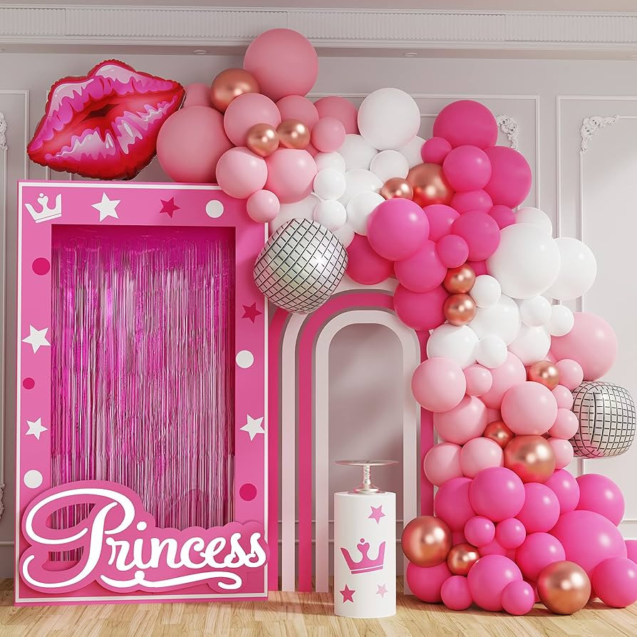 Pink Balloon Garland Arch Kit Hot Pink Magenta Rose Gold Chrome Balloon with Heart Lip Silver Dis... | Amazon (US)