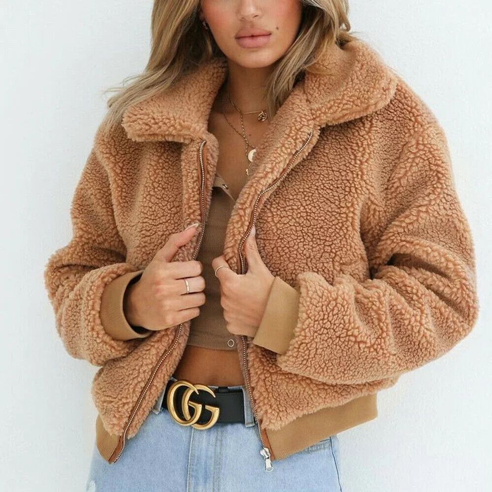 Womens Thick Warm Teddy Bear Pocket Fleece Jacket Coat Zip Up Outwear Overcoat | Walmart (US)