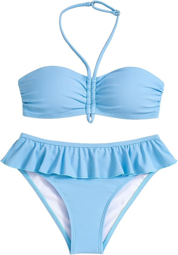 Girls Swimsuits Bikini Sets 2 Piece Bathing Suits Ruffled Adjustable Halter Straps Removable Pads... | Amazon (US)