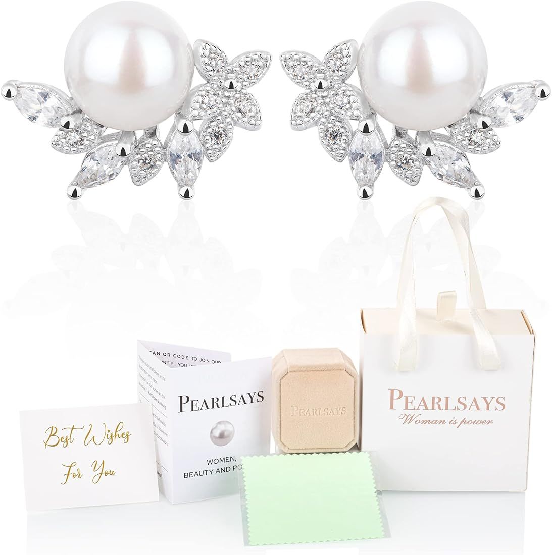 Pearlsays Natural Pearl Earrings for Women 925 Sterling Silver Cubic Zirconia Handmade Earrings J... | Amazon (US)