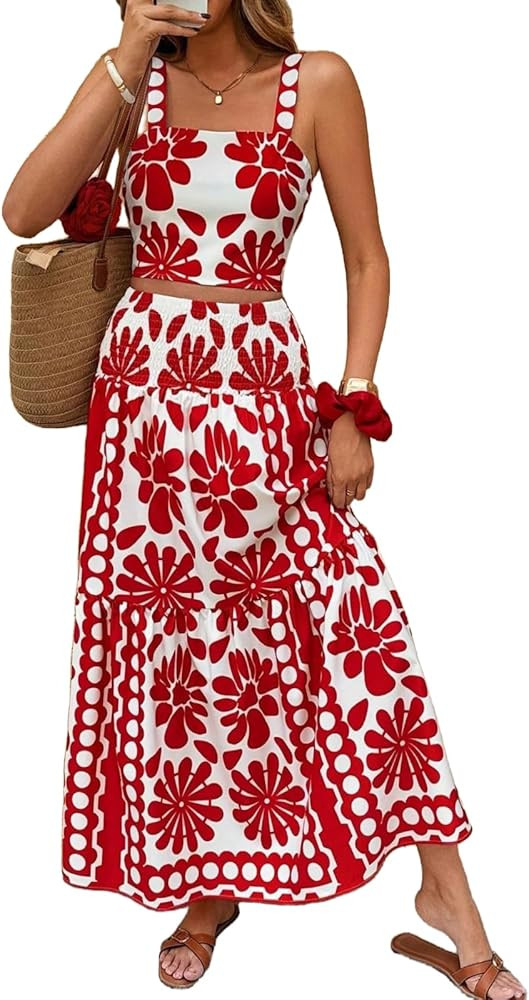 Womens Floral Print Outfit Sleeveless Bohemian Vacation Beach 2 Piece Dress Set Summer Party Maxi... | Amazon (US)