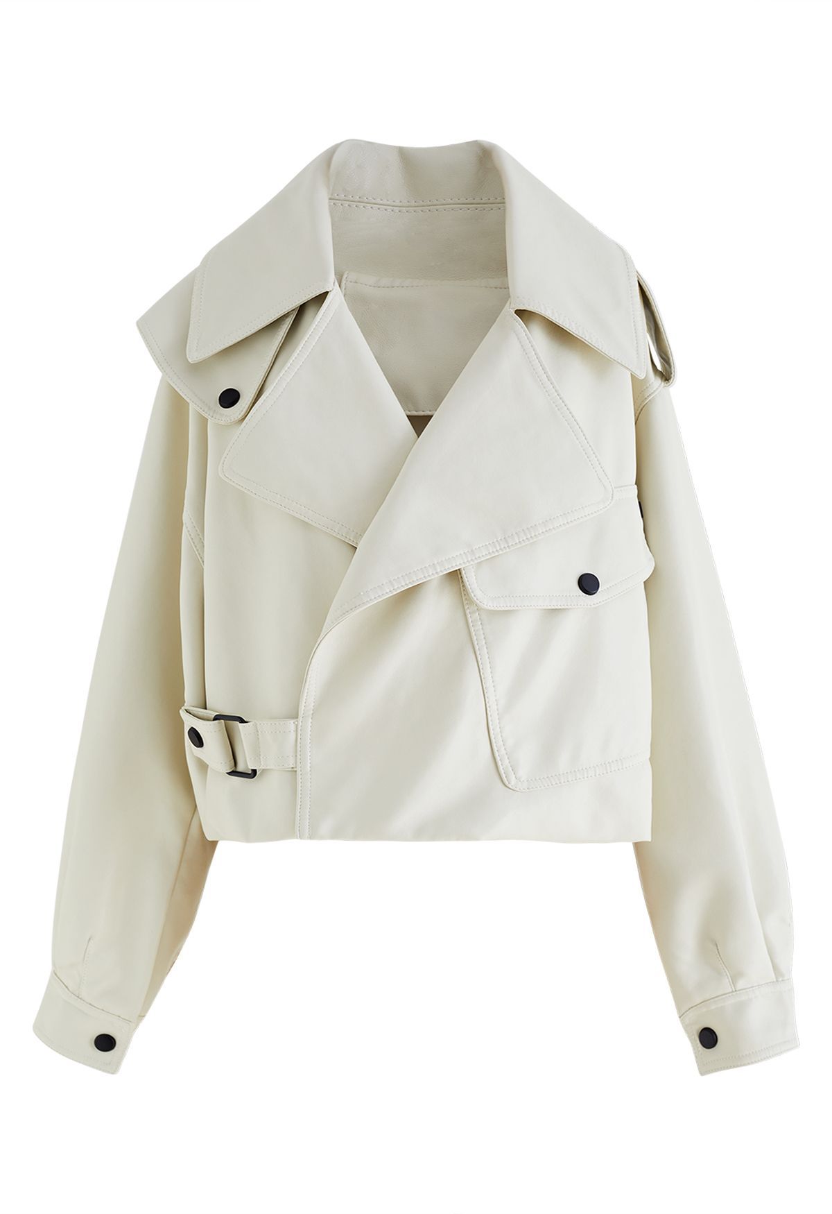 Stud Button Faux Leather Moto Jacket in Ivory | Chicwish