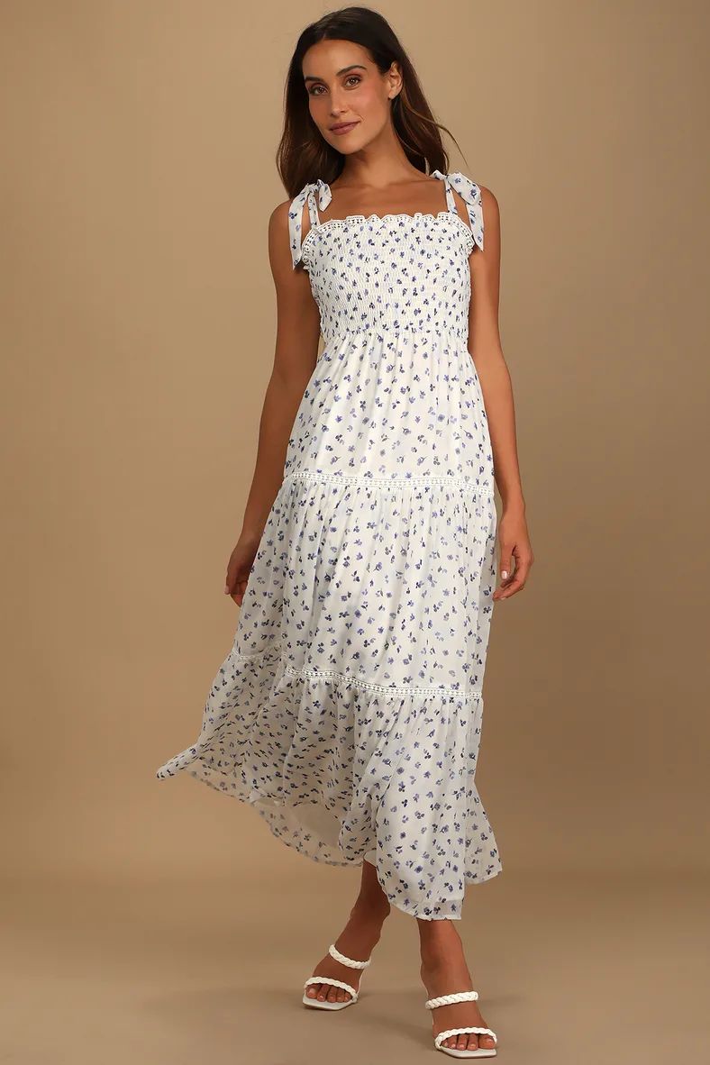 Blooming Perfection White Floral Print Tie-Strap Smocked Dress | Lulus (US)