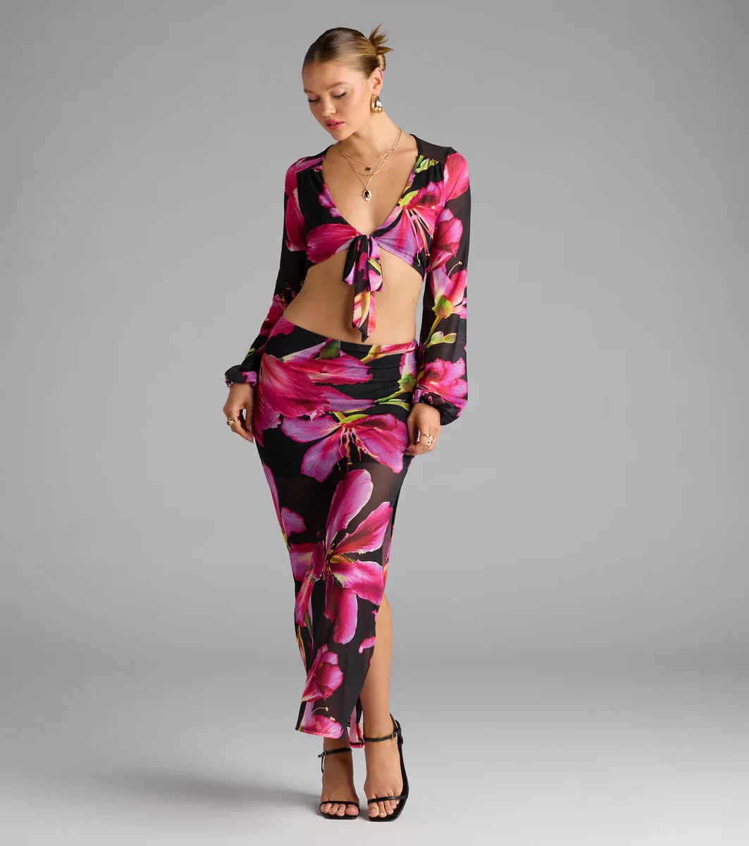 Vacay Queen Tropical Floral Mesh Maxi Skirt | Windsor Stores