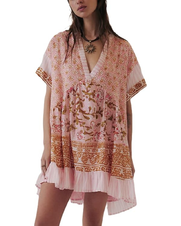 Women’s Boho Mini Dress Y2k Floral Print Deep V-Neck Puff Sleeve Short Dress 2025 Summer Loose ... | Amazon (US)