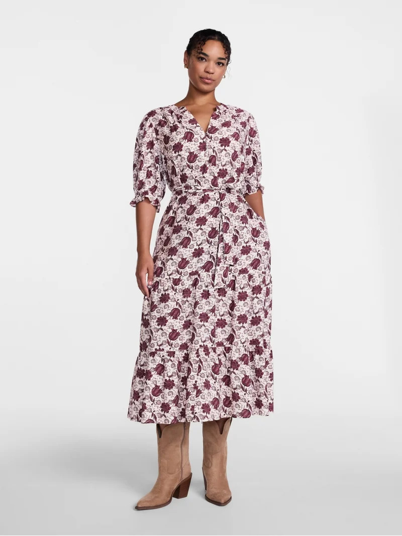 Scenario Women's and Women's Plus Tiered Midi Dress with Short Sleeves, Sizes XS-4X | Walmart (US)
