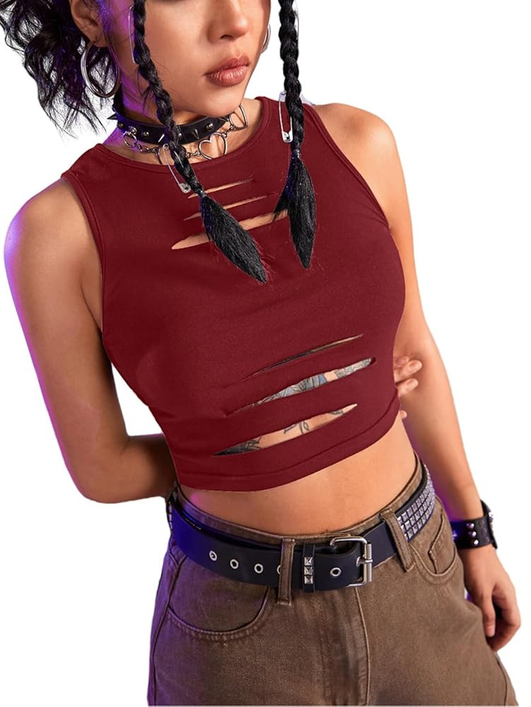 Floerns Women's Cut Out Sleeveless Round Neck Punk Rock Solid Ripped Crop Tank Top | Amazon (US)