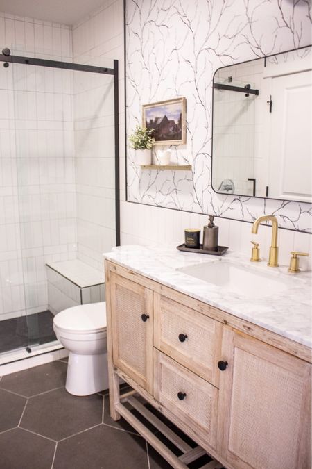  Lack and white bathroom remodel with light wood accents and wallpaper details 

#LTKhome #LTKstyletip
