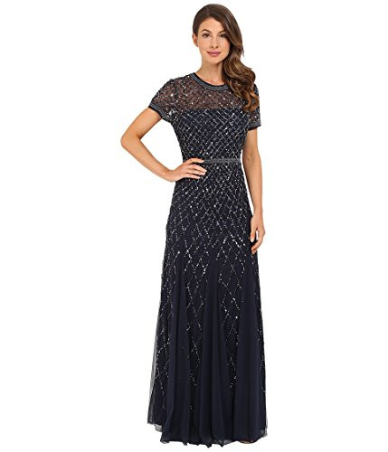 Adrianna Papell Womens Short-Sleeve Grid Beaded Gown | Amazon (US)