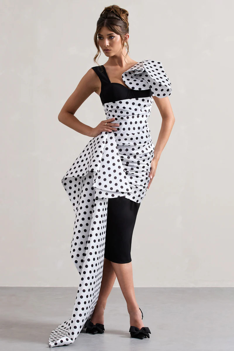 Unattainable | Black Polka Dot Wrap Midi Dress Volume Drape | Club L London