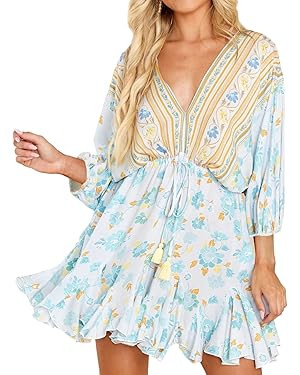 R.Vivimos Womens Summer Floral Dress 3/4 Sleeve Deep V Neck Boho Drawstring Backless Swing Mini D... | Amazon (US)