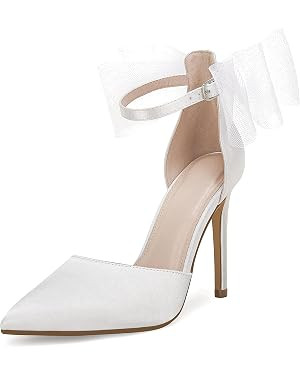 Coutgo Women's Closed Pointed Toe High Heels with Bow Knot Ankle Strap Satin Stiletto Pumps | Amazon (US)