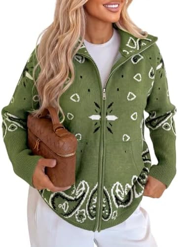 Cicy Bell Women Zip Up Cardigan Sweater Stand Collar Knit Printed Sweater | Amazon (US)