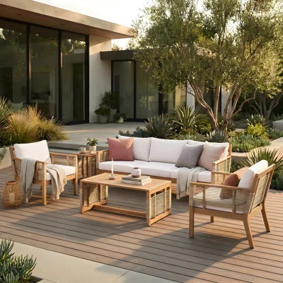 Acacia Wood 5-Piece Patio Sofa Set, Outdoor Conversation Set With Cushions | Wayfair North America