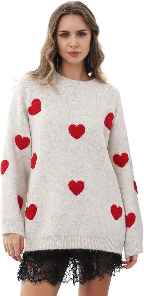 CHICWISH Women Fuzzy Hearts Knit Sweater Long Sleeve Round Neck Valentine's Day Party Loose Soft ... | Amazon (US)