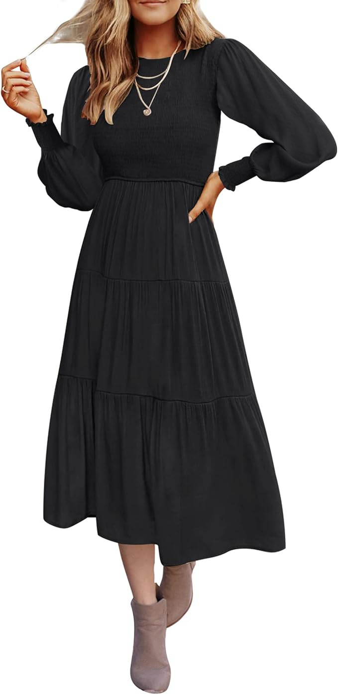 ZESICA Women's Casual Long Sleeve Crew Neck High Waist Smocked Flowy Tiered Midi Dress | Amazon (US)