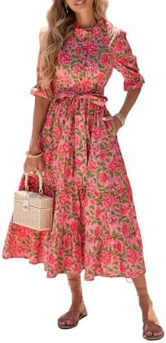 Women's Floral Printed Stand Ruffle Collar Midi Dress Half Sleeve Button Down Flowy Belted Beach ... | Amazon (US)
