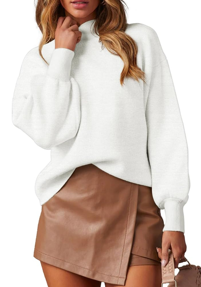 WEACZZY Women's 2025 Fall Fashion Casual Sweaters Mock Neck Long Lantern Sleeve Lightweight Knit ... | Amazon (US)
