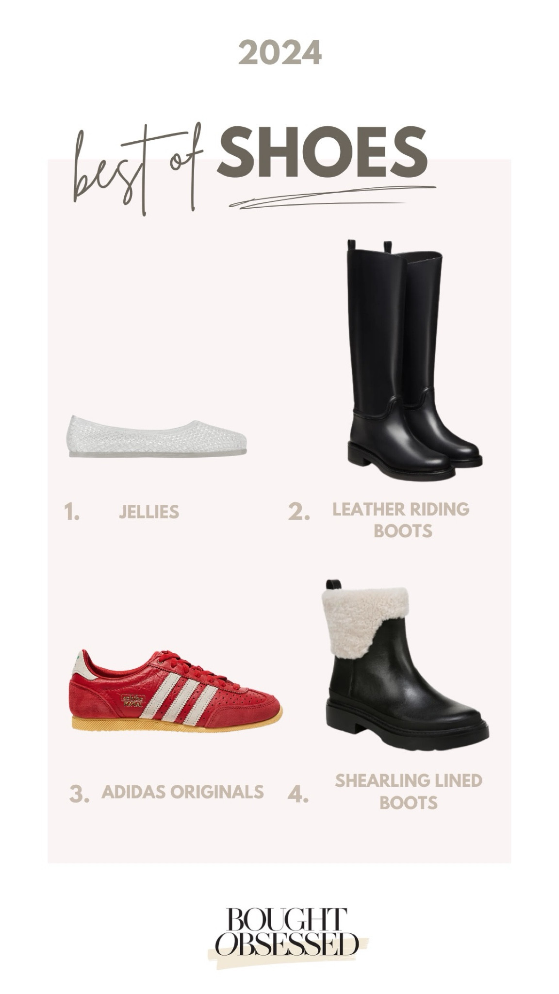 2024 best of shoes!

•jellies (I wear a 39 and I’m an 8)
•riding boots (runs 1/2 size large)
•red adidas sneakers (size down 1/2-1 full size)
•winter boots - TTS

#LTKSeasonal #LTKShoeCrush