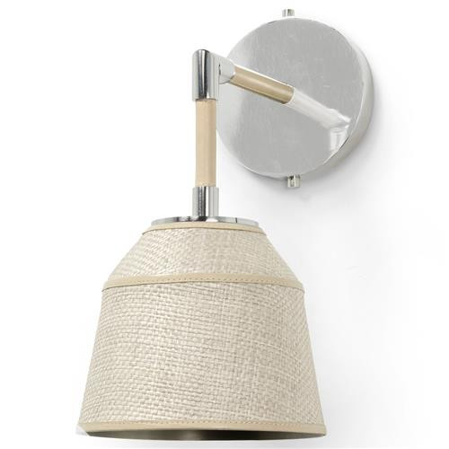 Palecek Capistrano Coastal Light Grey Raffia Beige Leather Armed Wall Sconce | Kathy Kuo Home