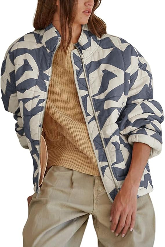 Hongsui Women's Printed Quilted Jacket Zip Up Puffer Jacket Lightweight Patchwork Bomber Jacket | Amazon (US)