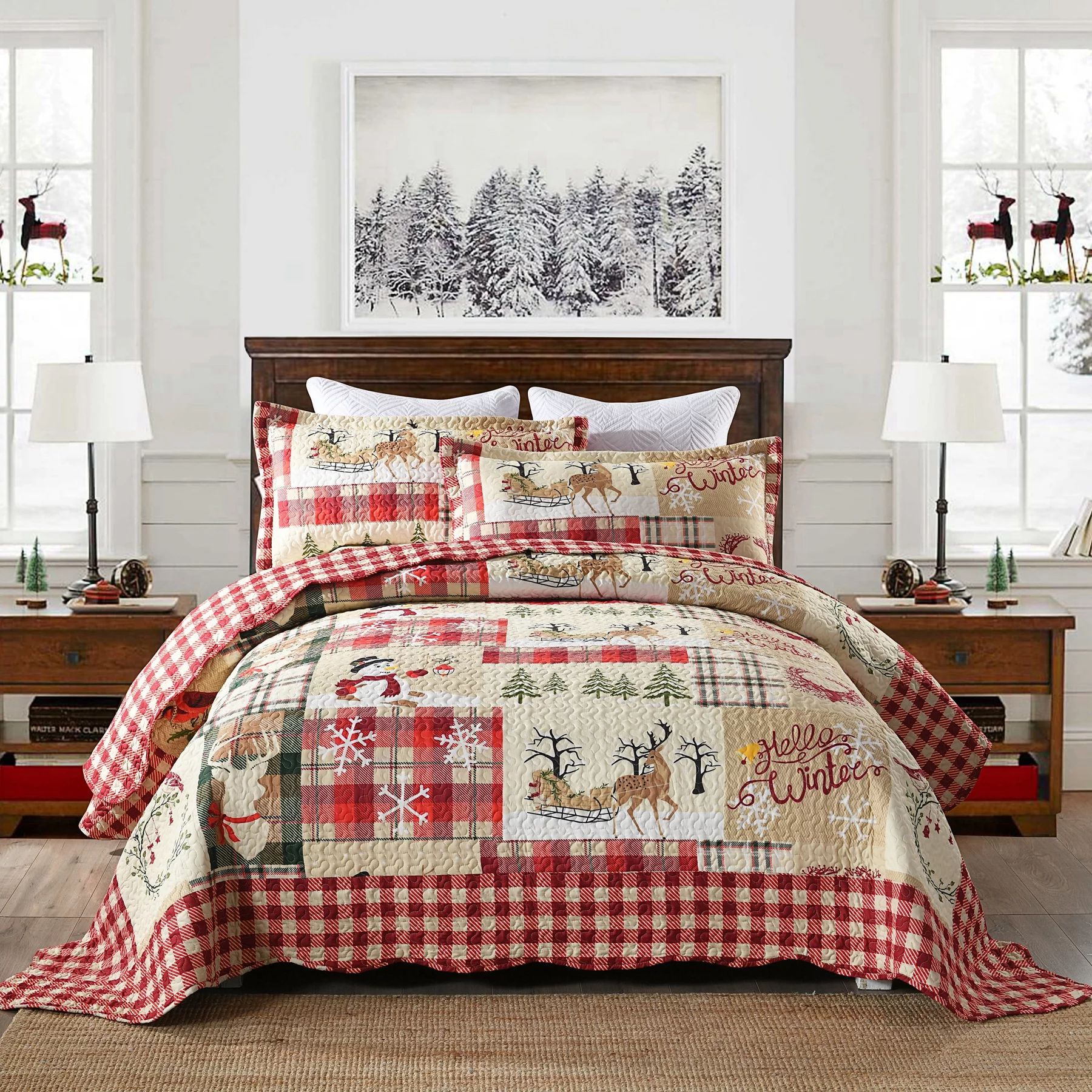 MarCielo 3 Piece Christmas Rustic Lodge Queen/Full Size Deer Quilted Bedspread/Quiltge Deer Quilt... | Walmart (US)