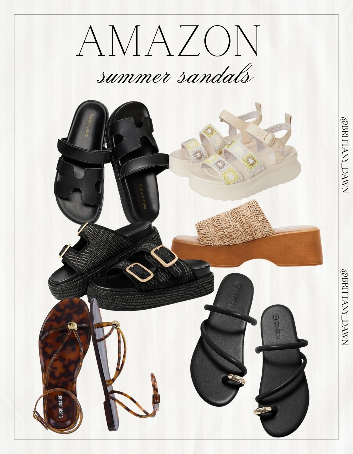 Step out in style with the ultimate summer sandal roundup from Amazon!

Whether you love a chunky platform look, classic black slides, chic woven wedges, or dainty tortoiseshell straps, these pairs bring the perfect blend of comfort and style.

They elevate any casual outfit instantly and are so ideal for warm-weather adventures. ✨

#LTKstyletip #AmazonFinds #AmazonFashion #SummerSandals #ShoeLovers #WarmWeatherStyle #CasualOutfits #FootwearFashion #AffordableStyle #SummerVibes #ShoeShopping #BrittanyDawn

#LTKootd #LTKSeasonal